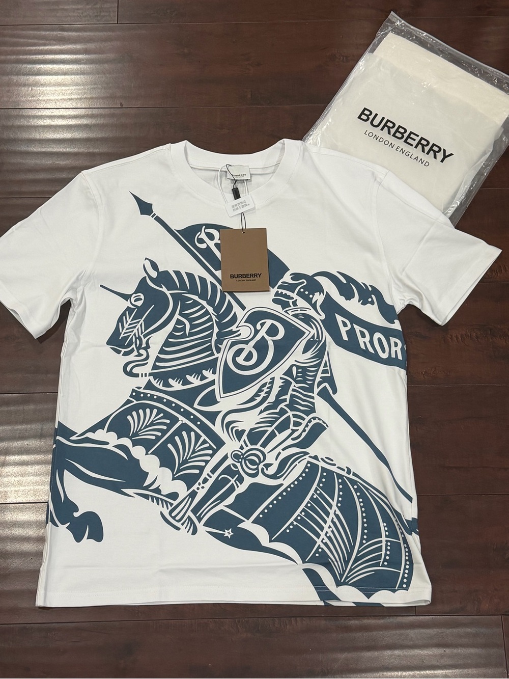 Burberry White Tee with Navy Knight Graphic